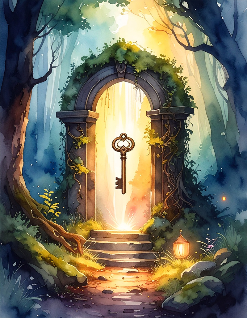 Ein Schlüssel schwebt vor einem Portal im Wald